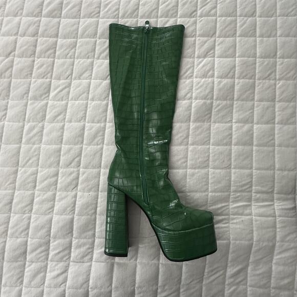 JINGPIN Womens Platform Boots 36 Green Faux Crocodile High Block Heel US 6 Glam - Picture 3 of 16